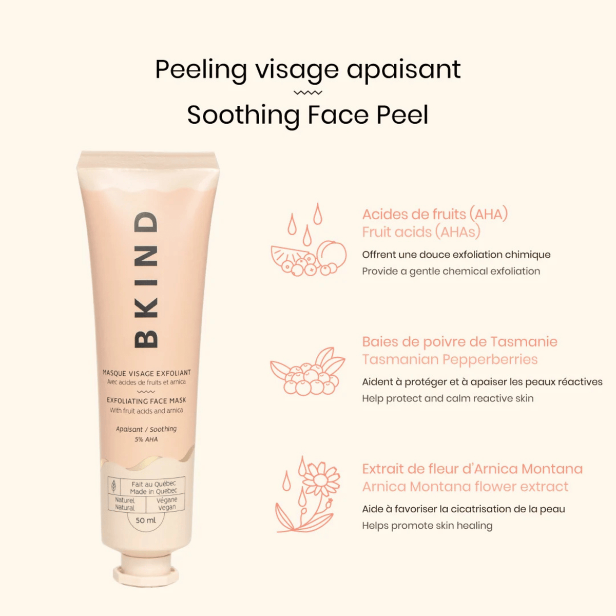 BKIND. Masque Visage Exfoliant Apaisant avec AHA - 50 ml - Concept C. Shop